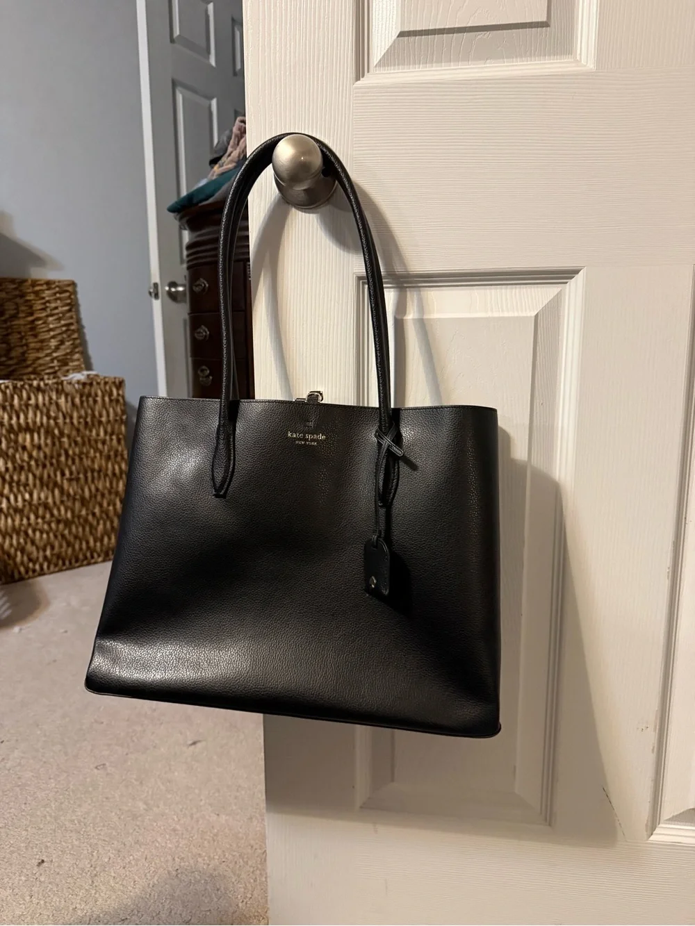 kate spade Black Pebbled Leather Tote with Blush Interior